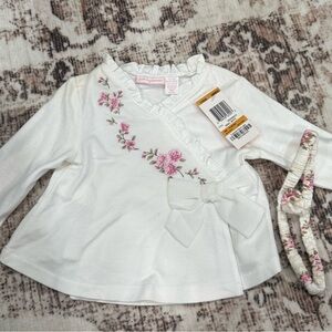 First Impressions White and Pink Long Sleeve Tee with Floral Embroidery